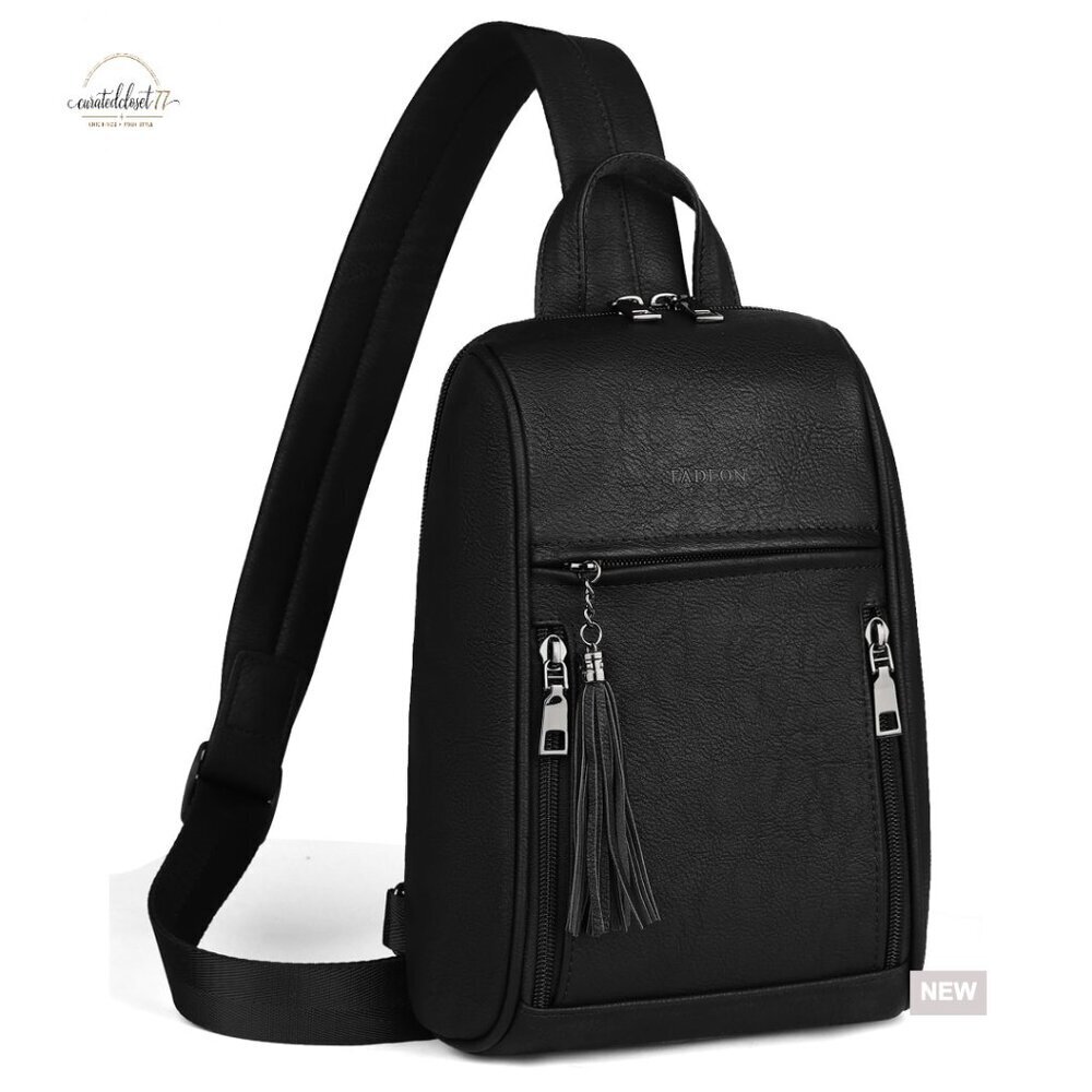 Large Capacity Vegan Leather Sling Bag, 8 Pockets, Adjustable Crossbody Backpack